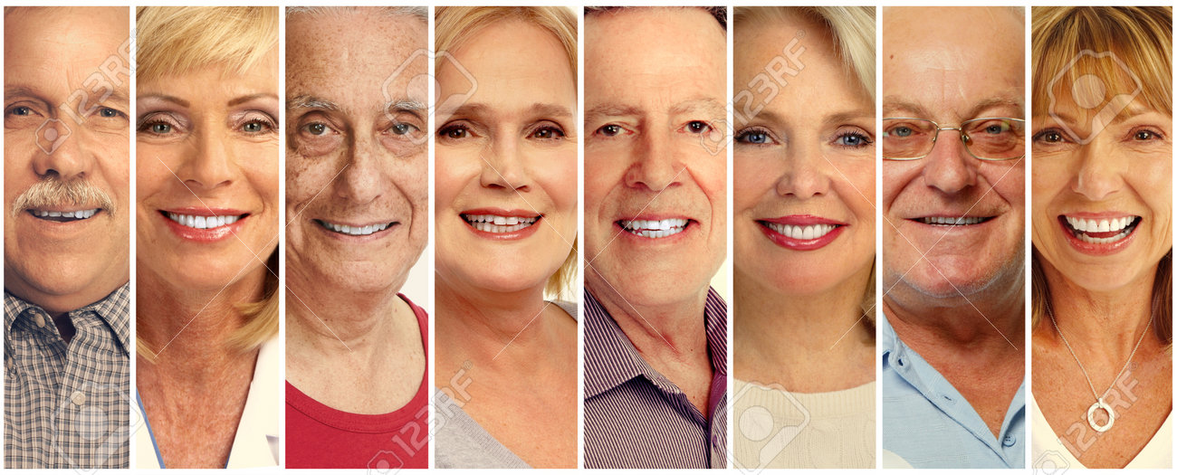 set of smiling senior faces collection old people group stock