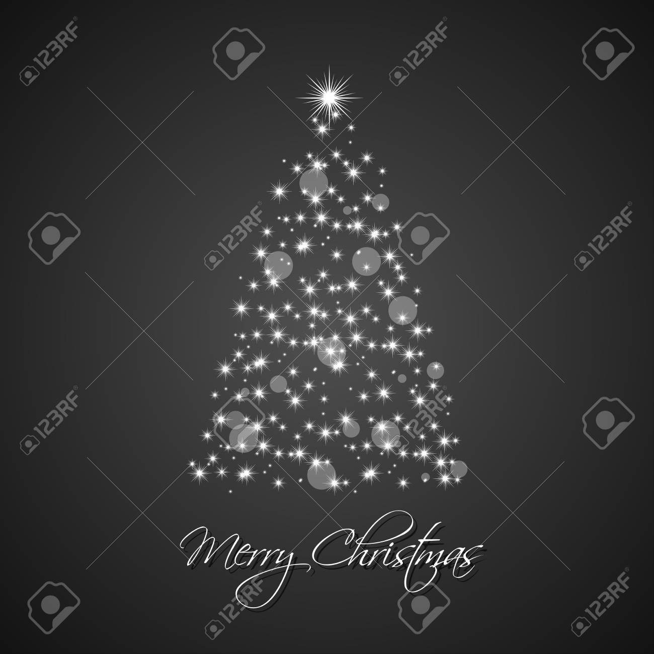 黒の背景上の星 メリー クリスマス サインとホリデー グリーティング カードからのクリスマス ツリーのイラスト素材 ベクタ Image