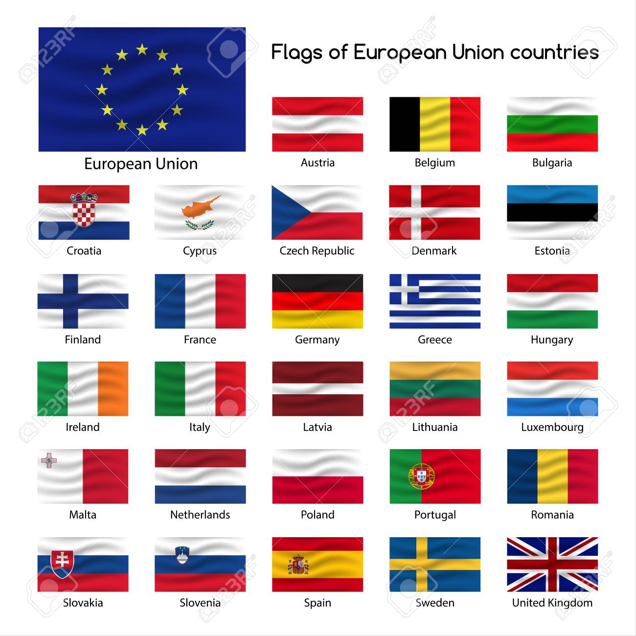 Conjunto de bandeiras da união europeia com nomes de países