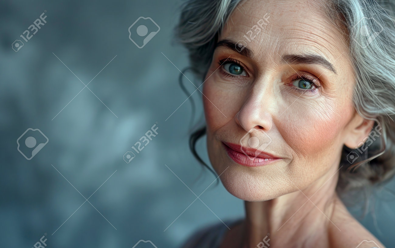 ６０代熟女 魅力的な熟女50代、60代。上品なおばあさん。スタジオのクローズアップポートレート。人々のライフスタイルのコンセプト。ジェネレーティブAIの写真素材・画像素材  Image 222081511
