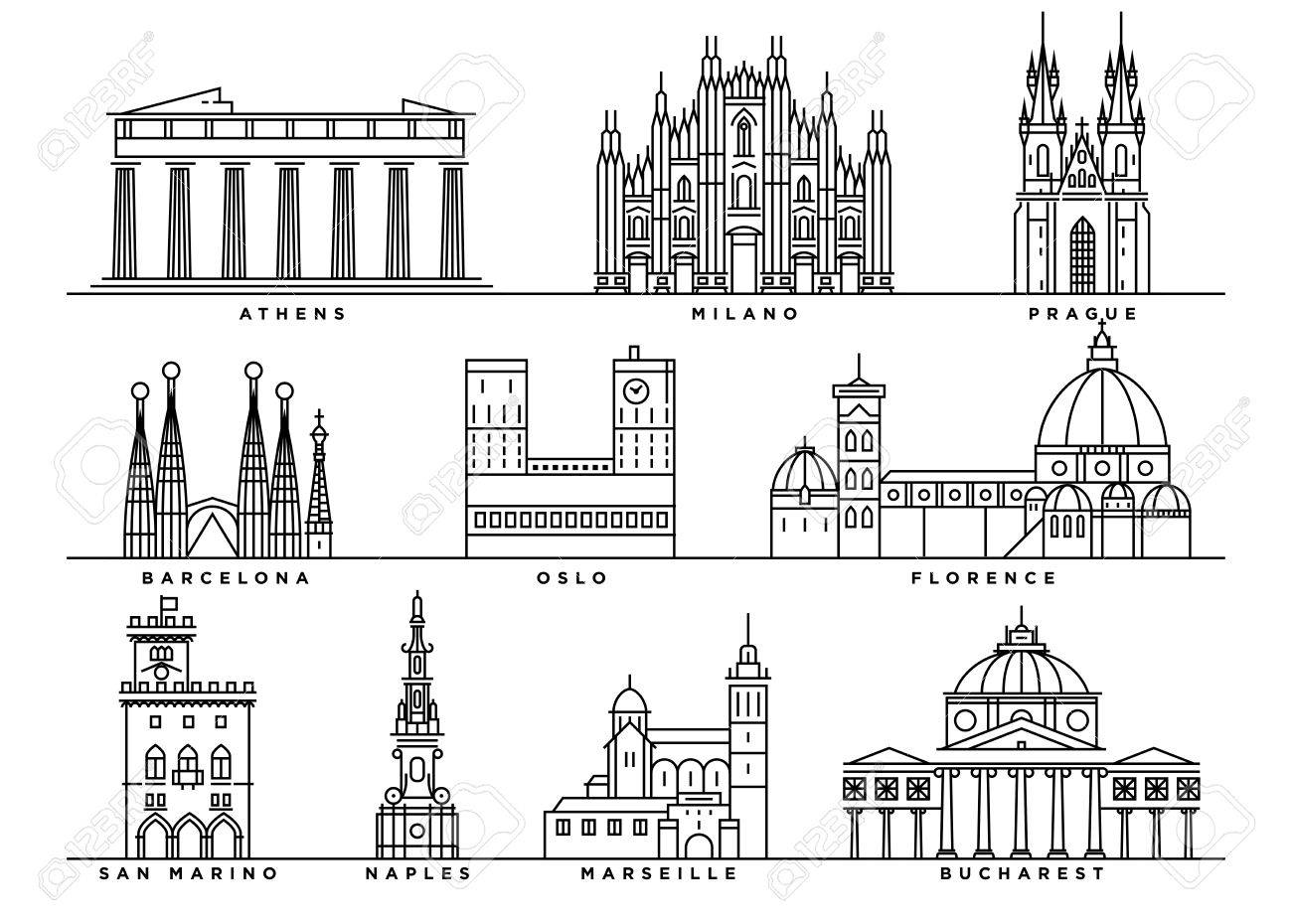 Famous Landmarks Of Europe With Flat Line Style Royalty Free SVG, Cliparts,  Vectors, and Stock Illustration. Image 61486502., image size:1300x930