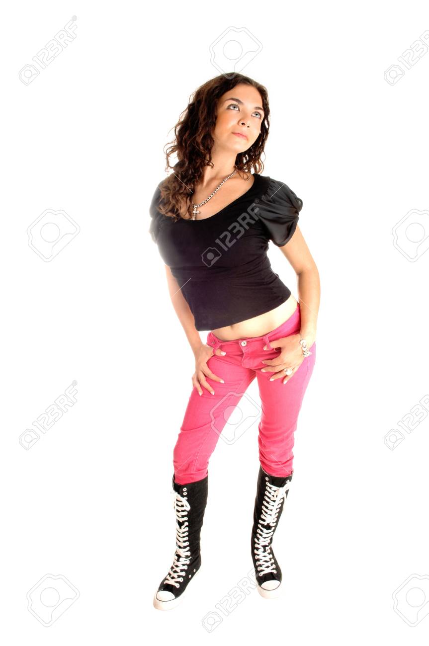 pink jeans and black top