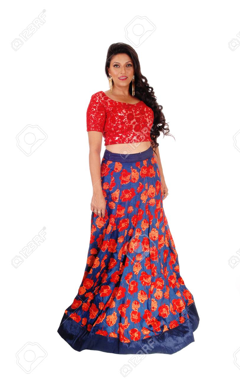 red top and blue skirt