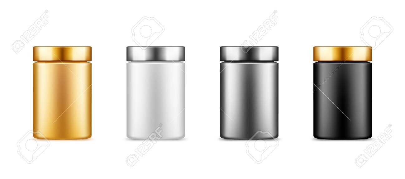 Download Black Gold Silver White Plastic Jar Bottle Mockup With Metalic Royalty Free Cliparts Vectors And Stock Illustration Image 148546122 PSD Mockup Templates