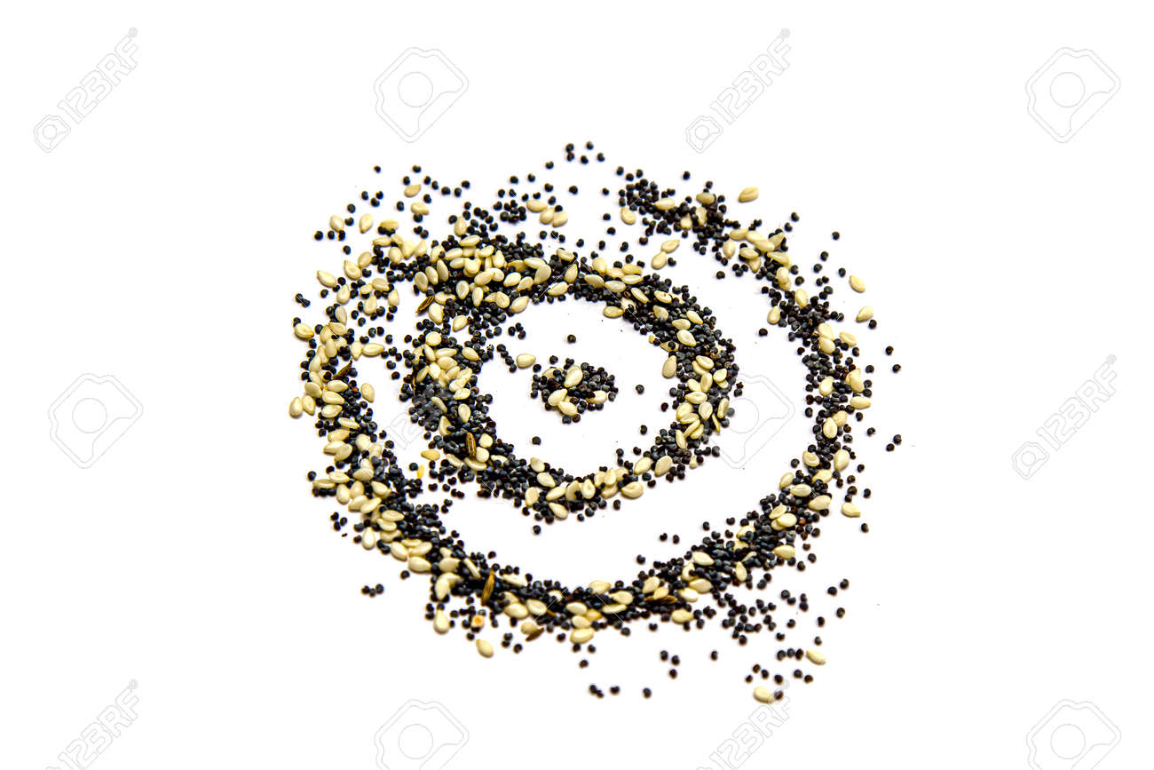 Sesame seeds and culinary poppy on a white background. - 155722455 Sesame seeds and culinary poppy on a white background. - 155722455