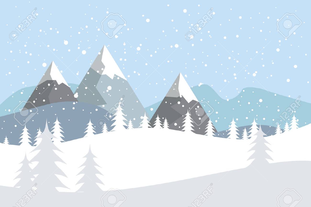 Flat vector landscape with silhouettes of trees, hills and mountains with falling snow. - 90754001 Flat vector landscape with silhouettes of trees, hills and mountains with falling snow. - 90754001