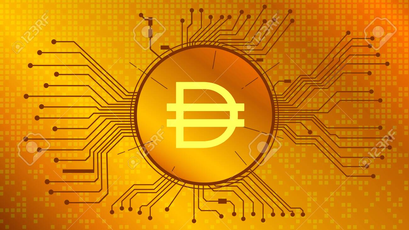 DAI Cryptocurrency Token Symbol Of The DeFi Project In Circle With PCB  Tracks On Gold Background. Currency Icon. Decentralized Finance Programs.  Vector EPS10. Royalty Free SVG, Cliparts, Vectors, and Stock Illustration.  Image