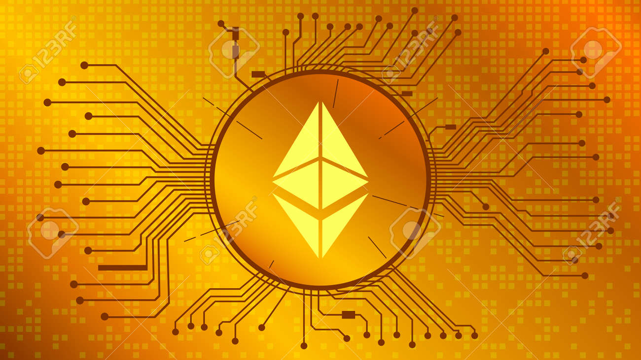 Ethereum Cryptocurrency Token Symbol, ETH Coin Icon In Circle With Pcb On  Gold Background. Digital Gold In Techno Style For Website Or Banner. Vector  EPS10. Royalty Free SVG, Cliparts, Vectors, and Stock