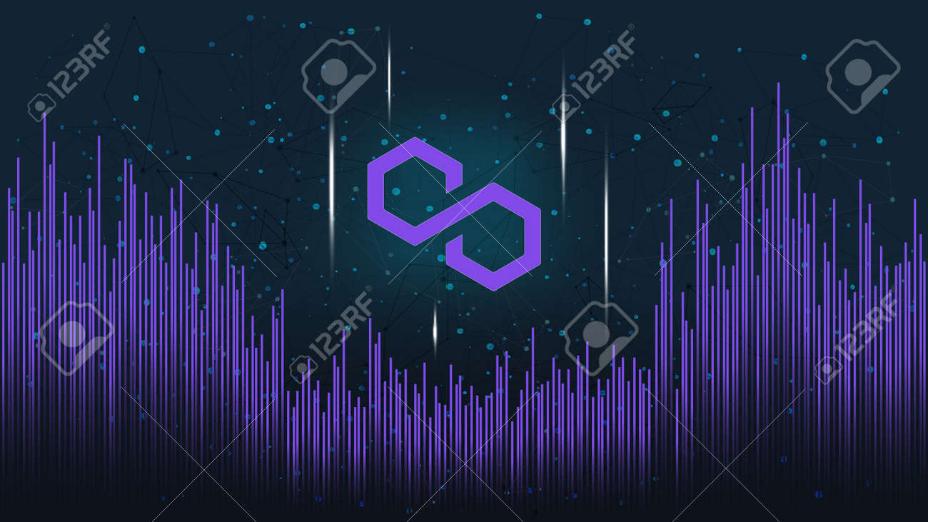 라인의 물결과 어두운 다각형 배경에 다각형 매틱 토큰 기호. Cryptocurrency 동전 로고 아이콘입니다. 벡터 일러스트 레이  션. 로열티 무료 사진, 그림, 이미지 그리고 스톡포토그래피. Image 171315487