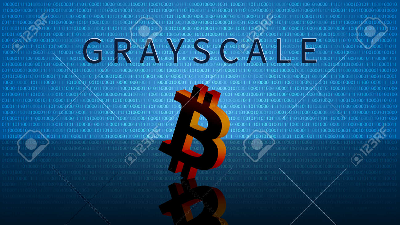 파란색 배경에 비트코인 Btc 기호가 있는 회색조 회사의 배너. 비트 코인 및 기타 디지털 통화를 구매하고 시장을 위로 밀어 올리는  선두 회사. 벡터 일러스트 레이 션. 로열티 무료 사진, 그림, 이미지 그리고