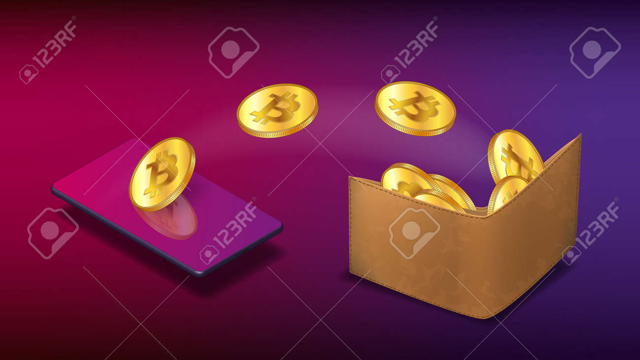 Las Monedas De Oro De Bitcoin Vuelan Del Teléfono Celular Isométrico A La  Billetera De Cuero Con Fondo Morado. Concepto De Transferencia De  Criptomoneda BTC A Billetera Usando Teléfono. Pancarta Para Noticias.