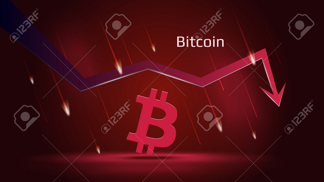 濃い赤の背景に下降トレンドと価格の下落ビットコインBTC。暗号通貨コインのシンボルと落下する流星を持つ赤い下向き矢印。取引危機と暴落。ベクターイラスト。のイラスト素材・ベクター  Image 186227807