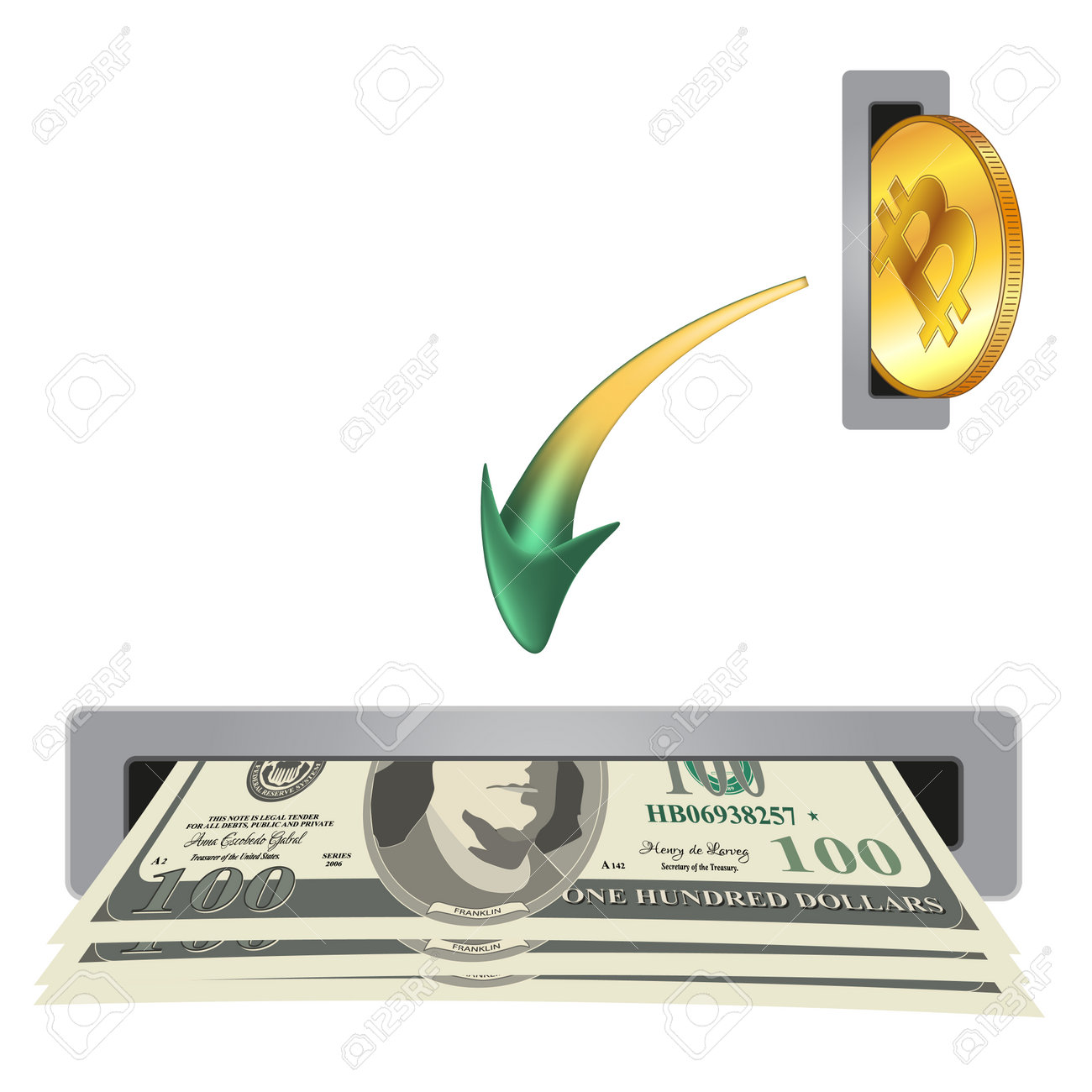 Concept De Conversion Des Pièces De Monnaie Bitcoin Btc En Dollars  Américains En Espèces. Illustration Vectorielle. Clip Art Libres De Droits,  Svg, Vecteurs Et Illustration. Image 186227922