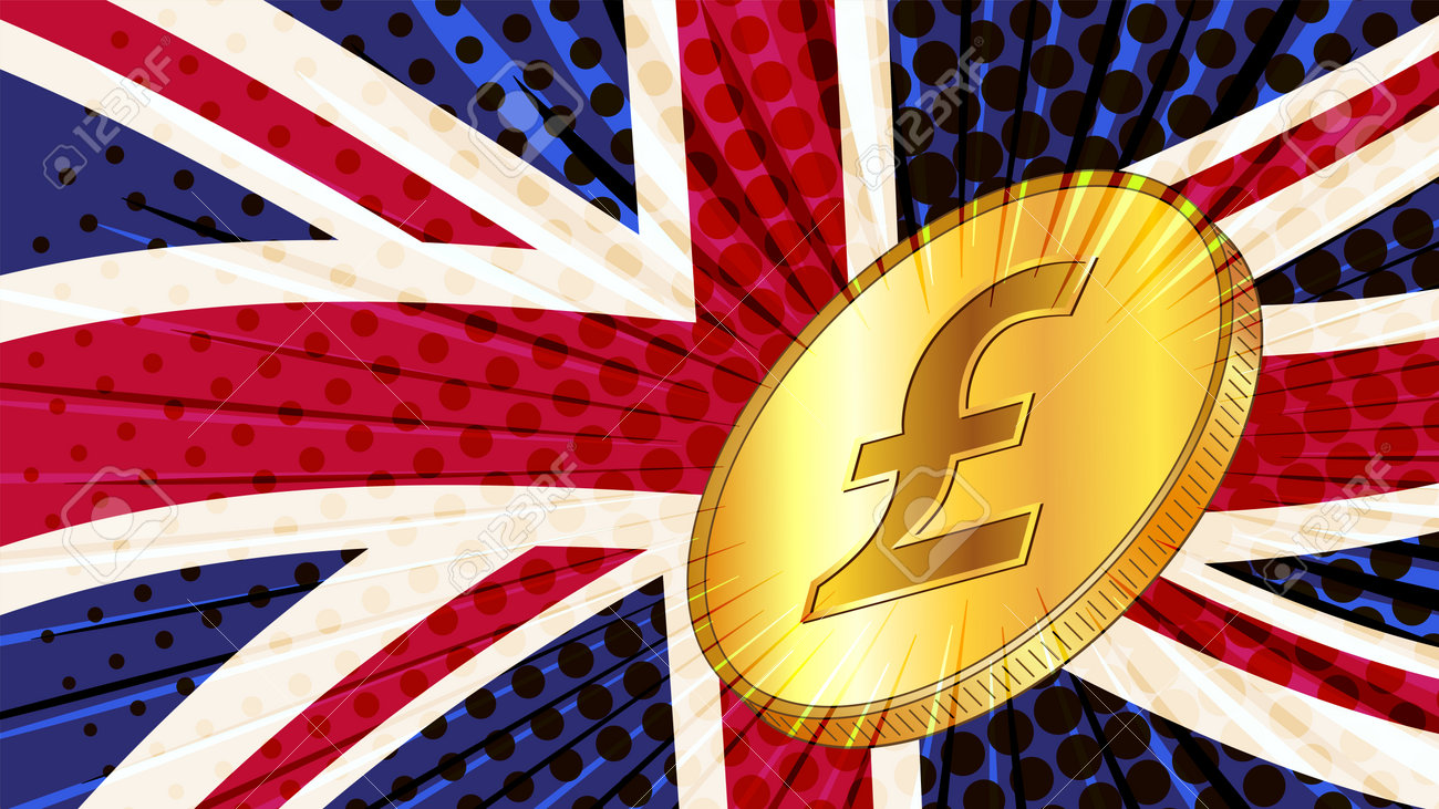 背景にGBP通貨記号とイギリスの色付きの国旗を持つイギリスポンドの金貨。英国中央銀行による通貨。ベクターイラスト。のイラスト素材・ベクター Image  186616567