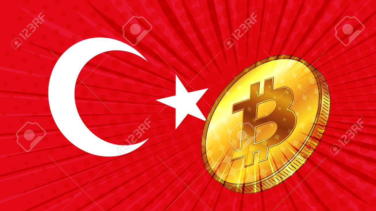 배경에는 비트코인 Btc의 금화와 칠면조 국기가 있습니다. 터키 중앙 은행은 광업 및 디지털 자산에 관한 법률을 채택합니다. 벡터  일러스트 레이 션. 로열티 무료 사진, 그림, 이미지 그리고 스톡포토그래피. Image 190762645