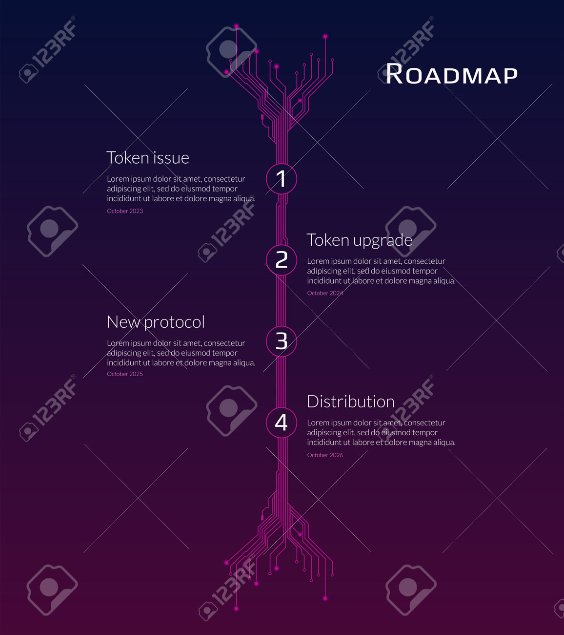 濃い赤の背景に暗号通貨またはデジタル技術サイトのロードマップ。数字とコピースペースを含むPCBトラックを含む垂直インフォグラフィックタイムライン。プレゼンテーション用のテンプレート。ベクターイラスト。のイラスト素材・ベクター  Image 191116490