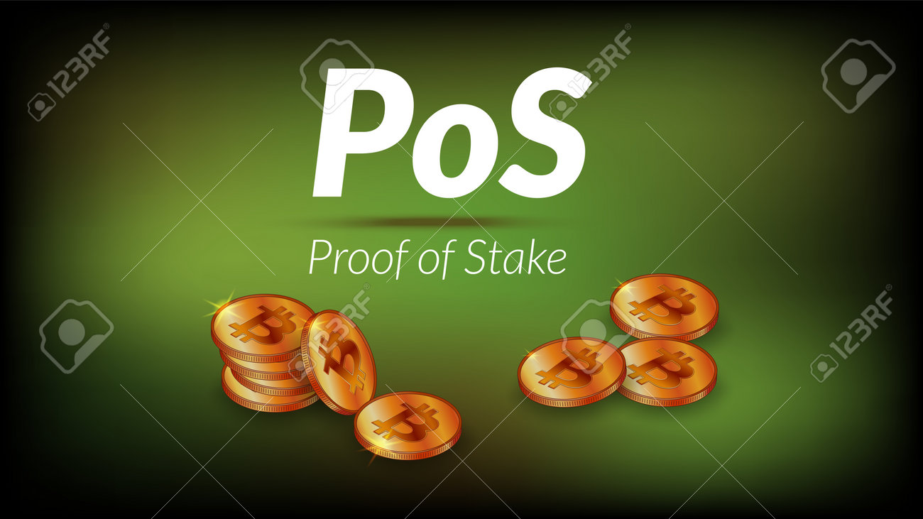 어두운 녹색 배경에 그림자가 있는 비트코인 Btc 동전의 아이소메트릭 스택이 있는 흰색 텍스트 Pos 지분 증명. 뉴스 또는 기사  배너. 벡터 일러스트 레이 션. 로열티 무료 사진, 그림, 이미지 그리고 스톡포토그래피. Image