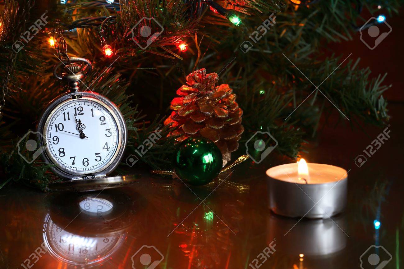 Vintage Pocket Watch Near Christmas Tree And Lighting Candle Stock Photo Picture And Royalty Free Image Image 15606883