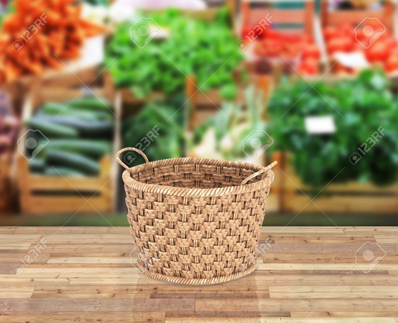 Empty Wicker Basket On Wood Floor And Market Background With