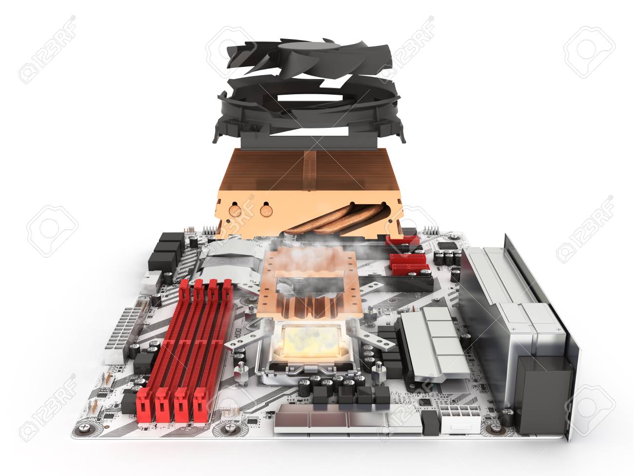 119357693 simulation of cpu overheating motherboard complete with processor and cooling system solated on whit