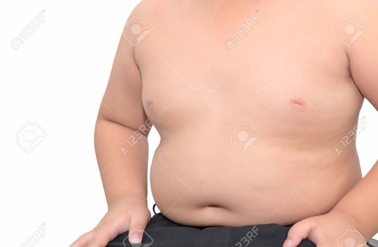 白い背景で隔離の太りすぎの子供の胃のサイズ の写真素材 画像素材 Image