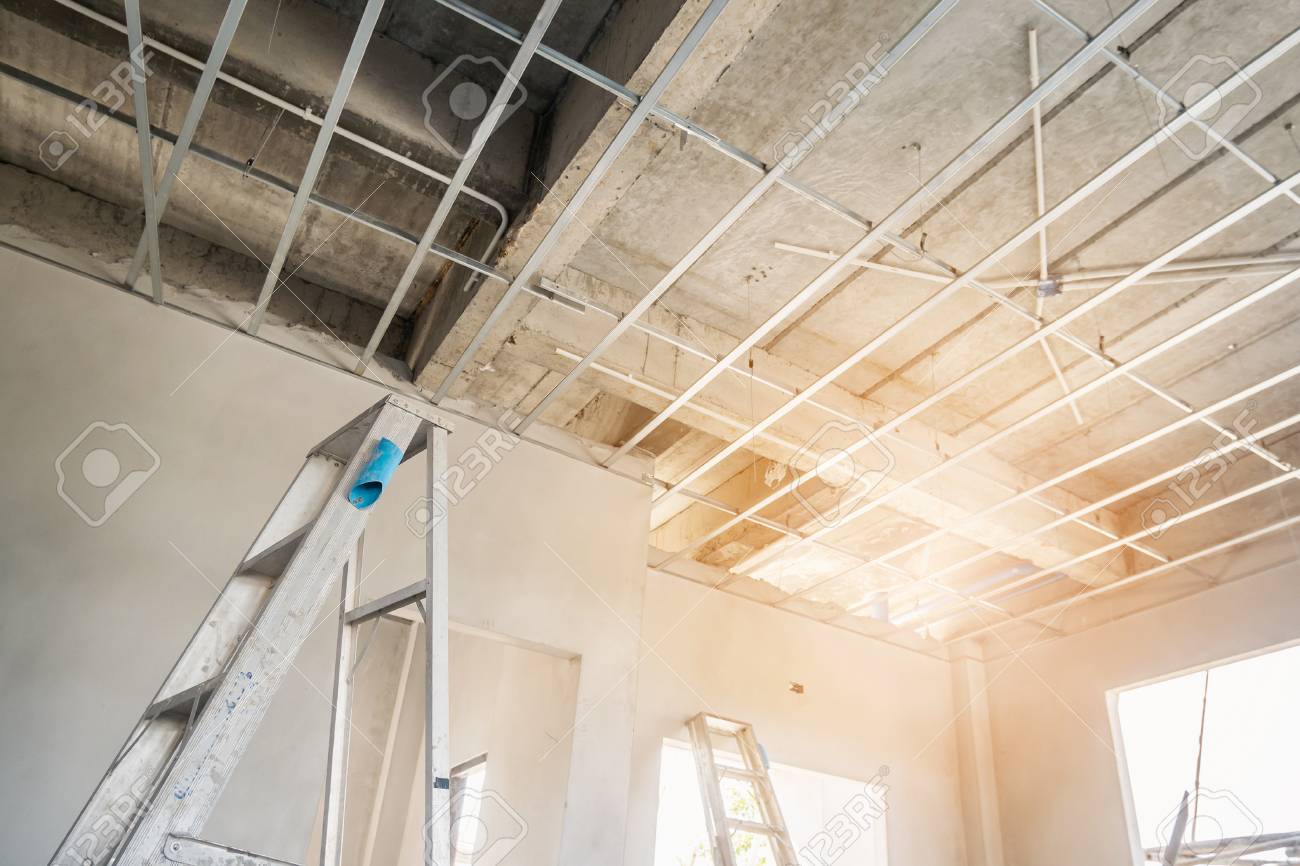 Install Metal Frame For Plaster Board Ceiling At House Under