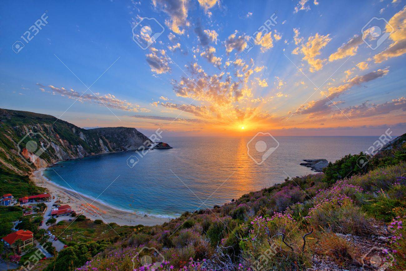 Sunset On Petani Beach - Kefalonia- Greece Stock Photo, Picture and Royalty  Free Image. Image 48740478.