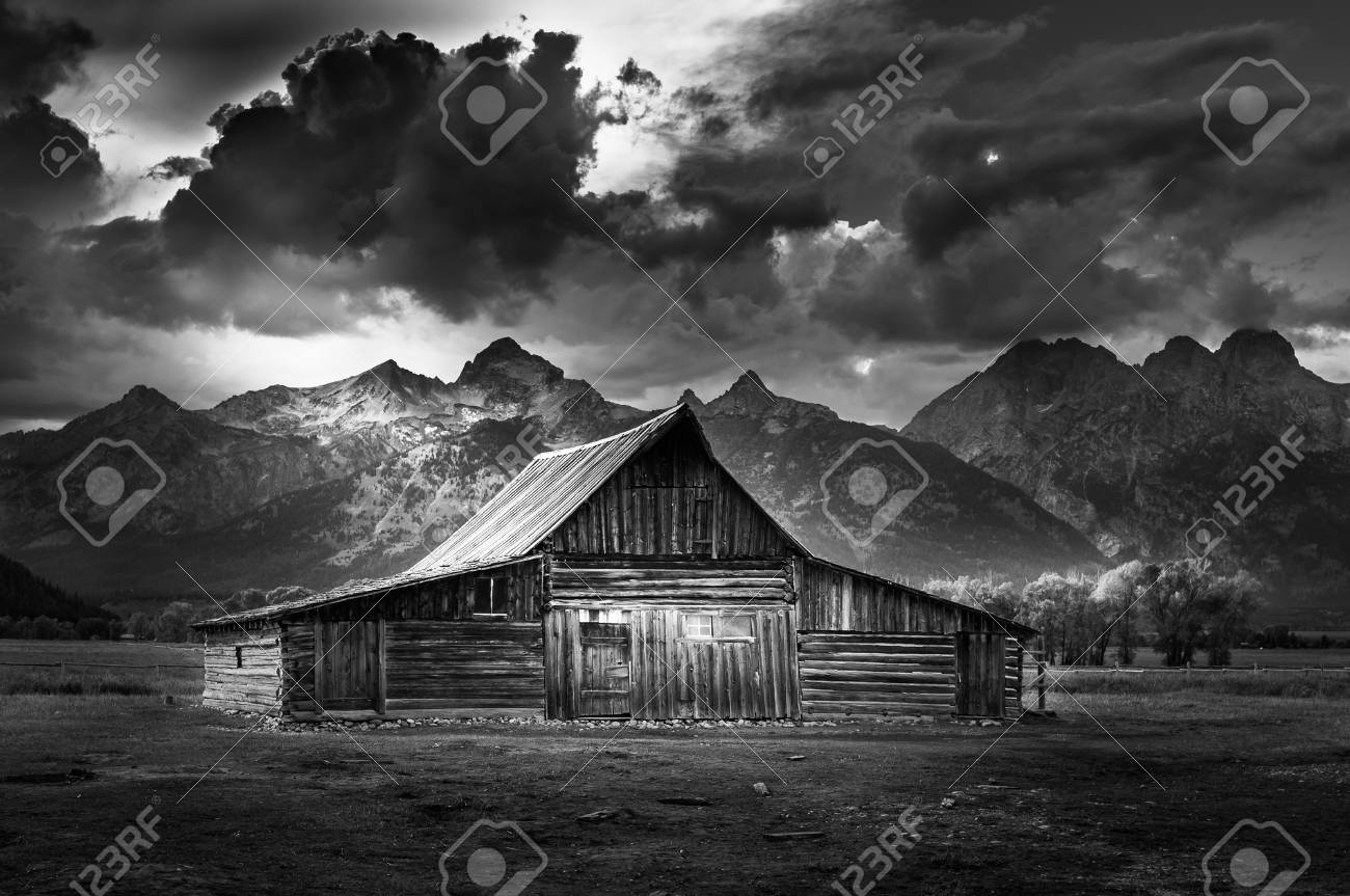 Grand teton national park mormon row black and white photography famous usa landmarks stock photo