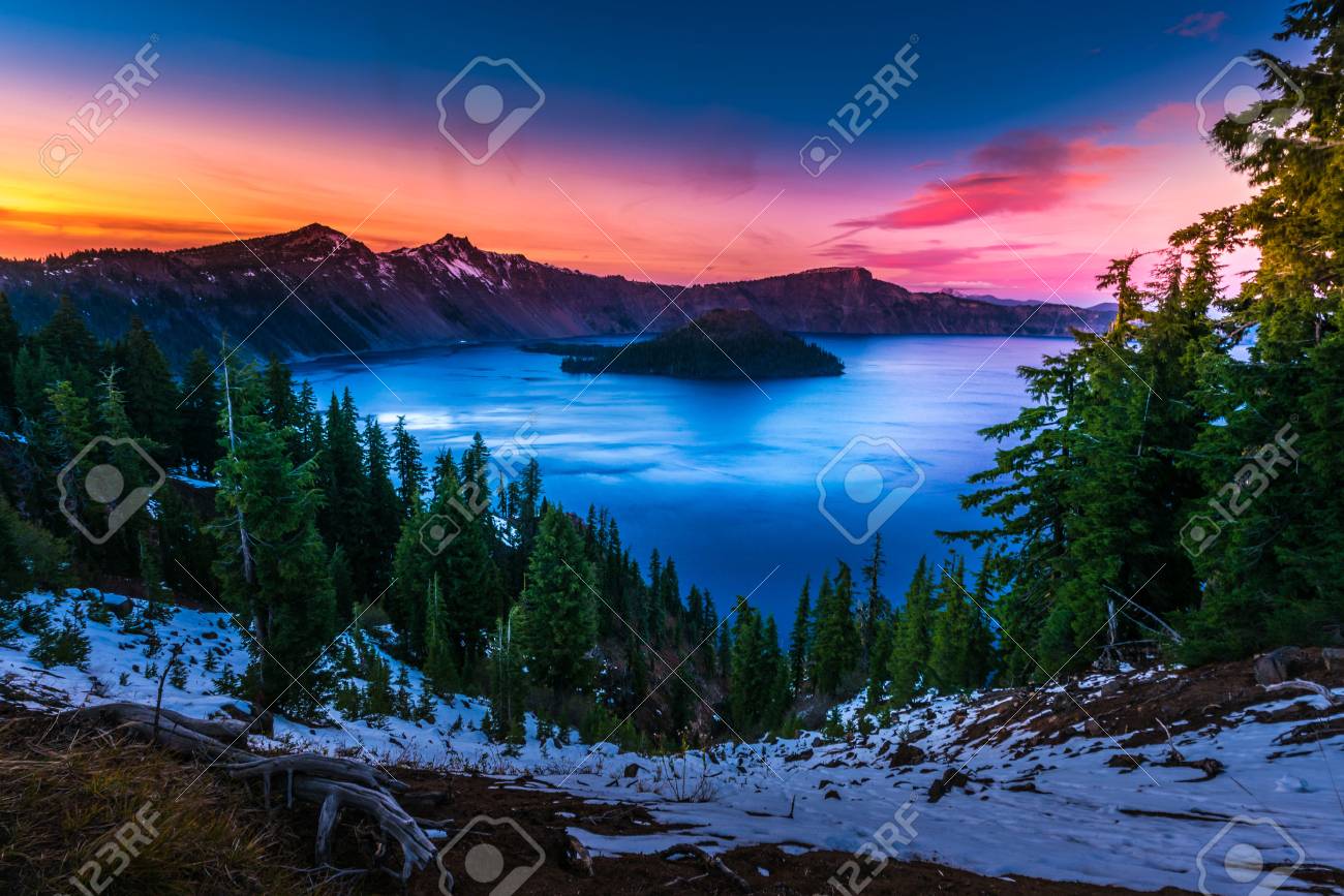 Crater Lake National Park Oregon Cold Winter Sunset Sky Stock Photo,  Picture and Royalty Free Image. Image 66024872., image size:1300x867