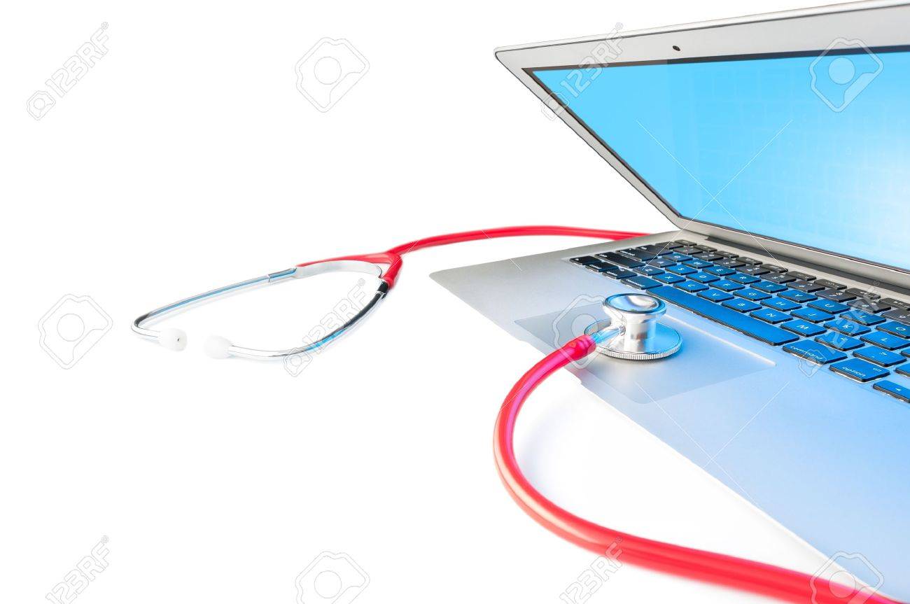 Open Silver Laptop With Blue Screen Isolated On White Background Red Stethoscope On Computer Online Repair Open Silver Laptop With Blue Screen Isolated On White Background Red Stethoscope On Computer Online Repair