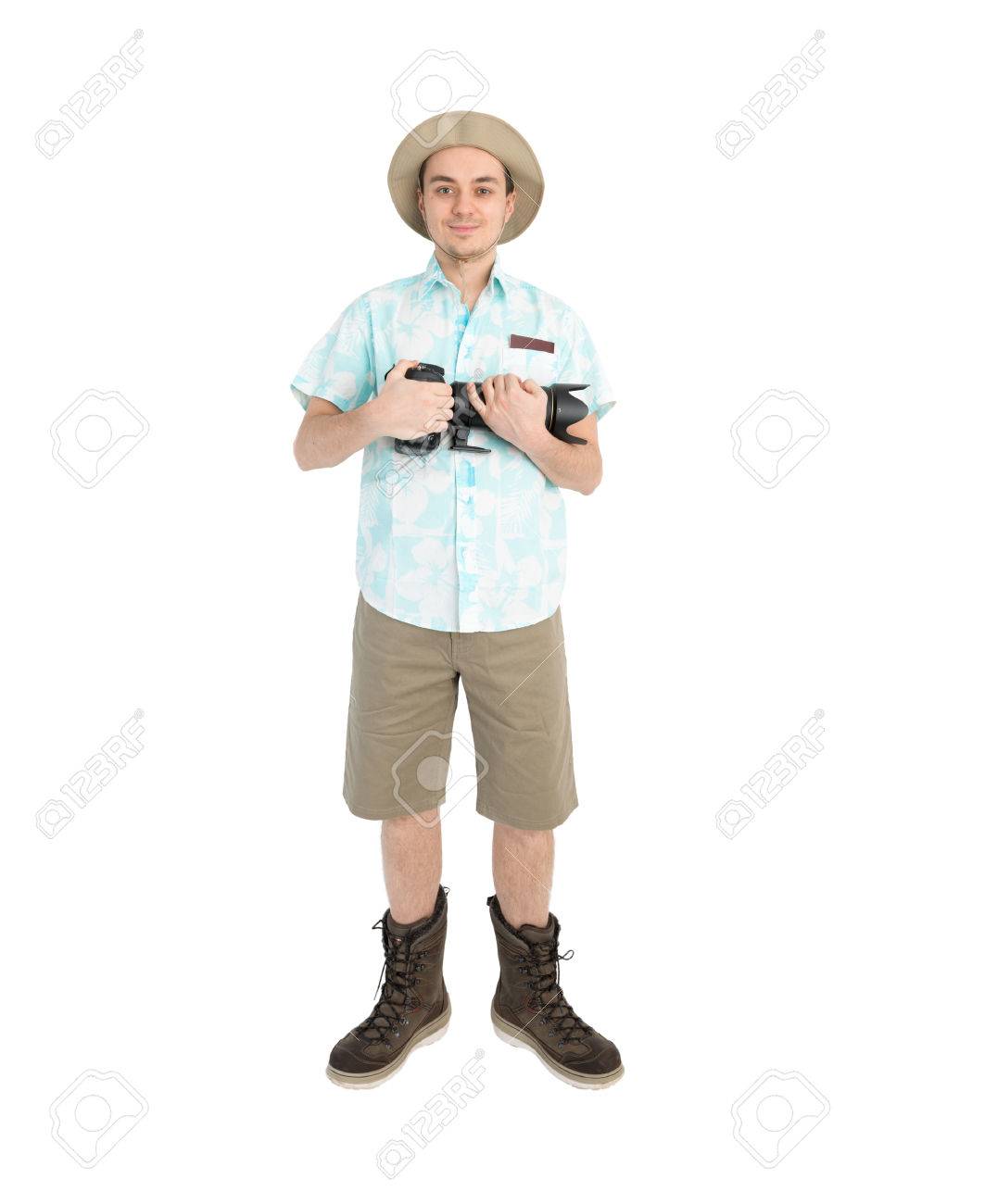 brown shorts blue shirt