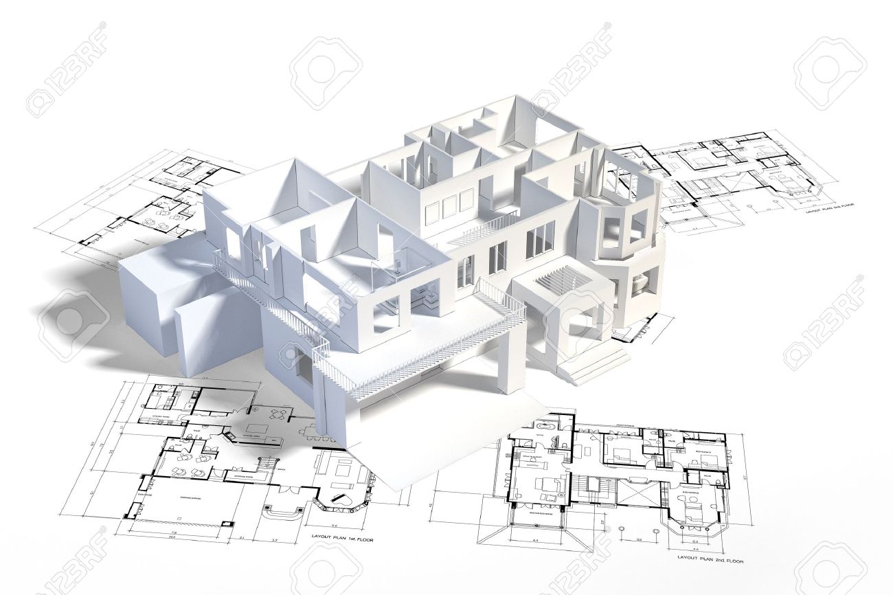 Architecture Blueprints House house mock-up on top of architecture blueprints, construction Architecture Blueprints House house mock-up on top of architecture blueprints, construction