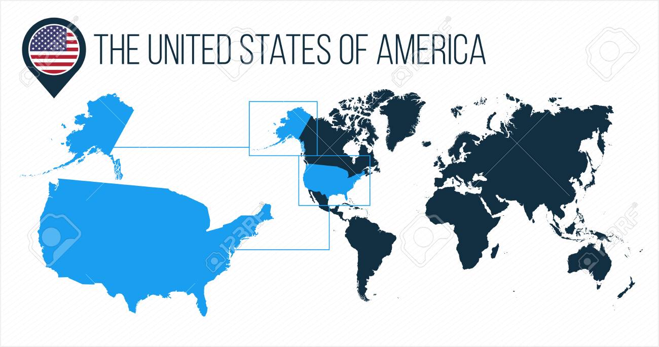 플래그와 지도 포인터 또는 핀이 있는 세계 지도에 있는 미국 미국 지도. 인포 그래픽 지도. 벡터 일러스트 레이 션 흰색 절연 로열티  무료 사진, 그림, 이미지 그리고 스톡포토그래피. Image 124768716