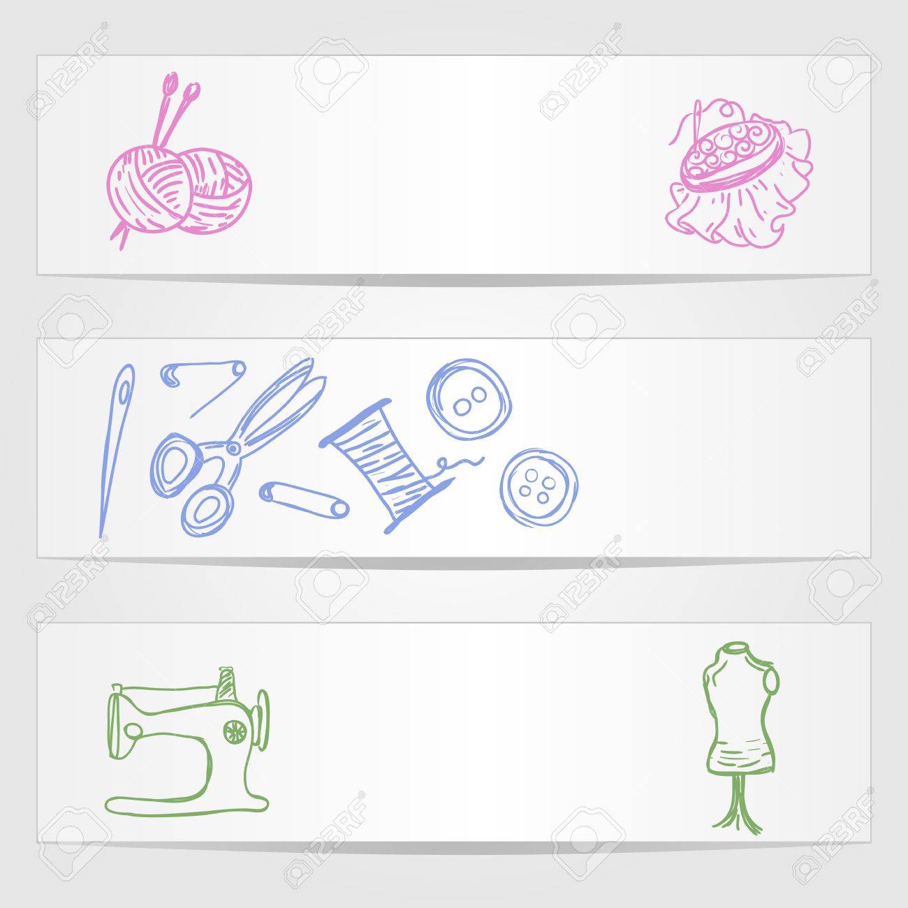 Three Vector Banners With Sewing And Knitting Supplies Three Vector Banners With Sewing And Knitting Supplies