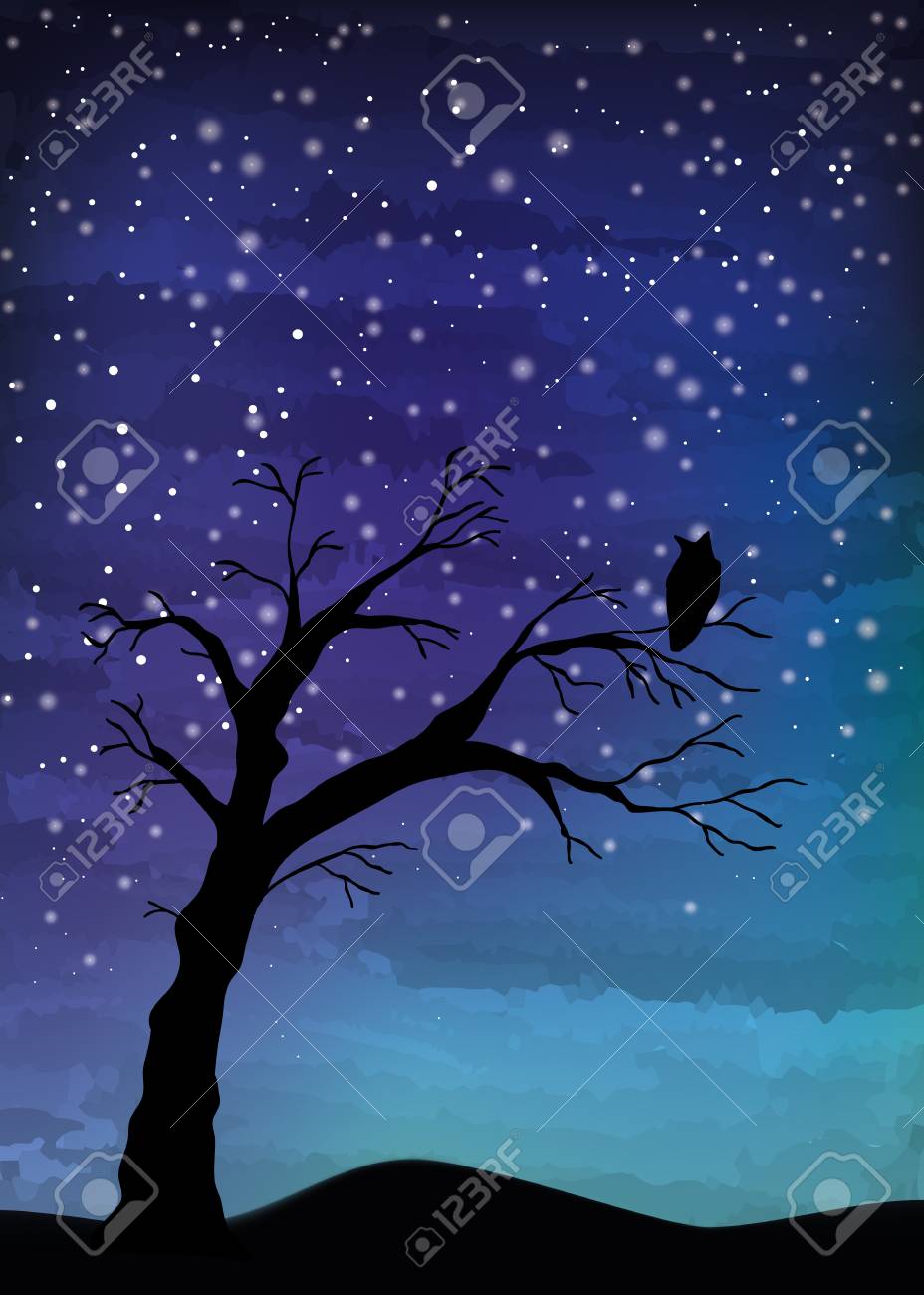 ツリーが夜空 デジタル水彩画の交差します のイラスト素材 ベクタ Image
