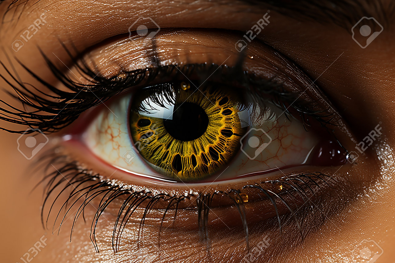 金色の瞳孔を持つ美しい女性の目の接写。マクロショットの写真素材