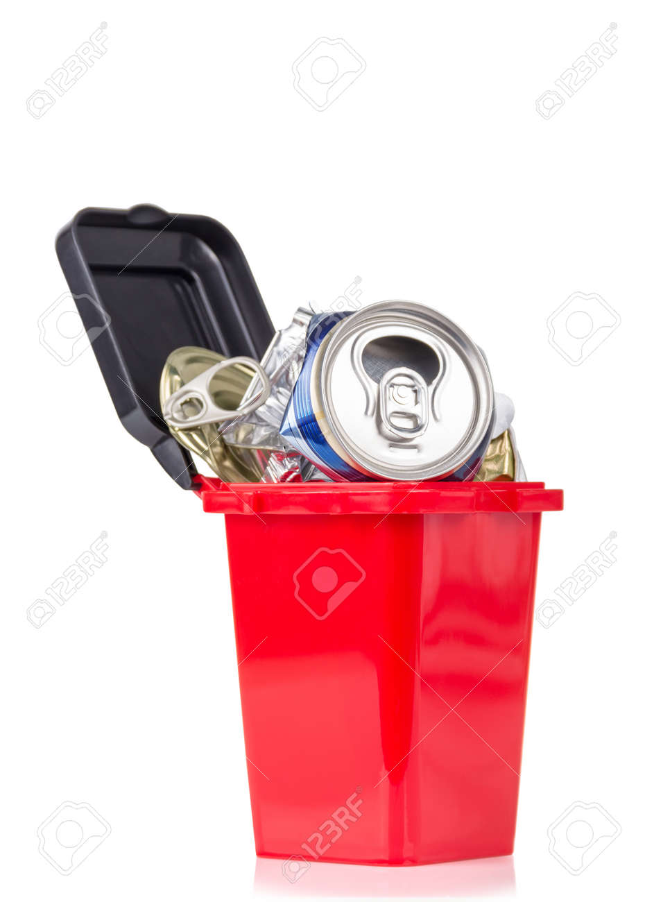 Red trash can and metal household waste isolated on white background - 164071606 Red trash can and metal household waste isolated on white background - 164071606