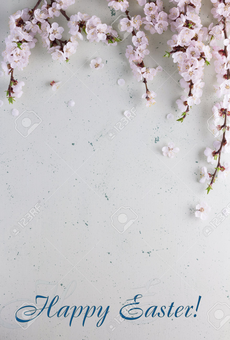 Happy easter. Festive card with spring flowering branch on a light background. Top view - 166758252 Happy easter. Festive card with spring flowering branch on a light background. Top view - 166758252