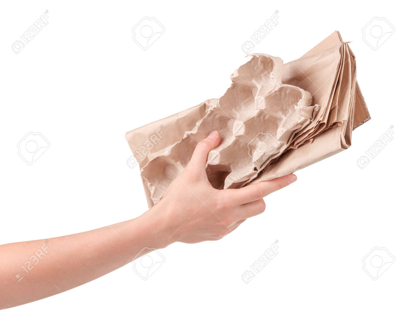 Household waste paper and egg tray in female hand isolated on white background - 166758265 Household waste paper and egg tray in female hand isolated on white background - 166758265