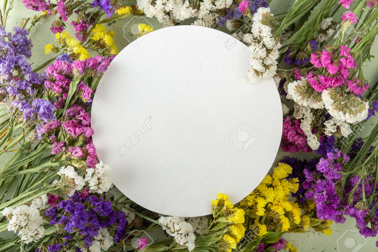 Bright card with an empty place for an inscription and multi-colored dried flowers - 170117793 Bright card with an empty place for an inscription and multi-colored dried flowers - 170117793