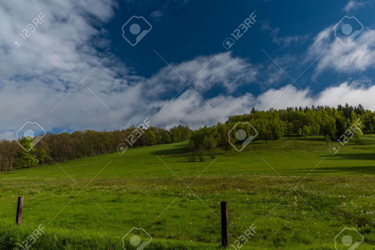 Morning near Nejdek town with fresh green pasture land after night rain - 169616539 Morning near Nejdek town with fresh green pasture land after night rain - 169616539