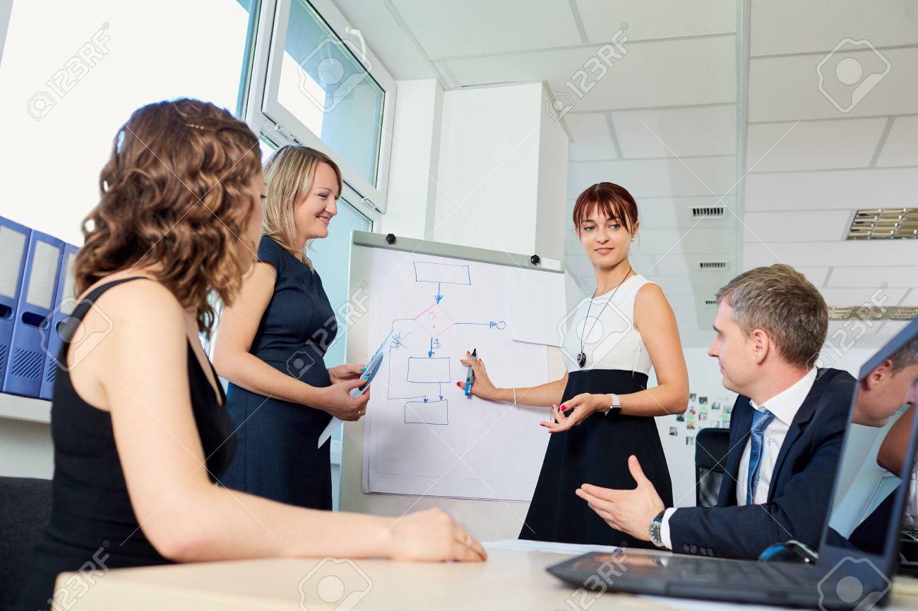 ビジネスの男性と女性に説明して ミーティングで話し合い オフィスでの経営者のグループです の写真素材 画像素材 Image