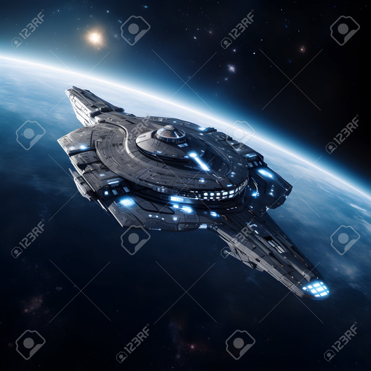 Futuristic Spaceship Flying In Space. Alien Spaceship In Space. Фотография,  картинки, изображения и сток-фотография без роялти. Image 216009683