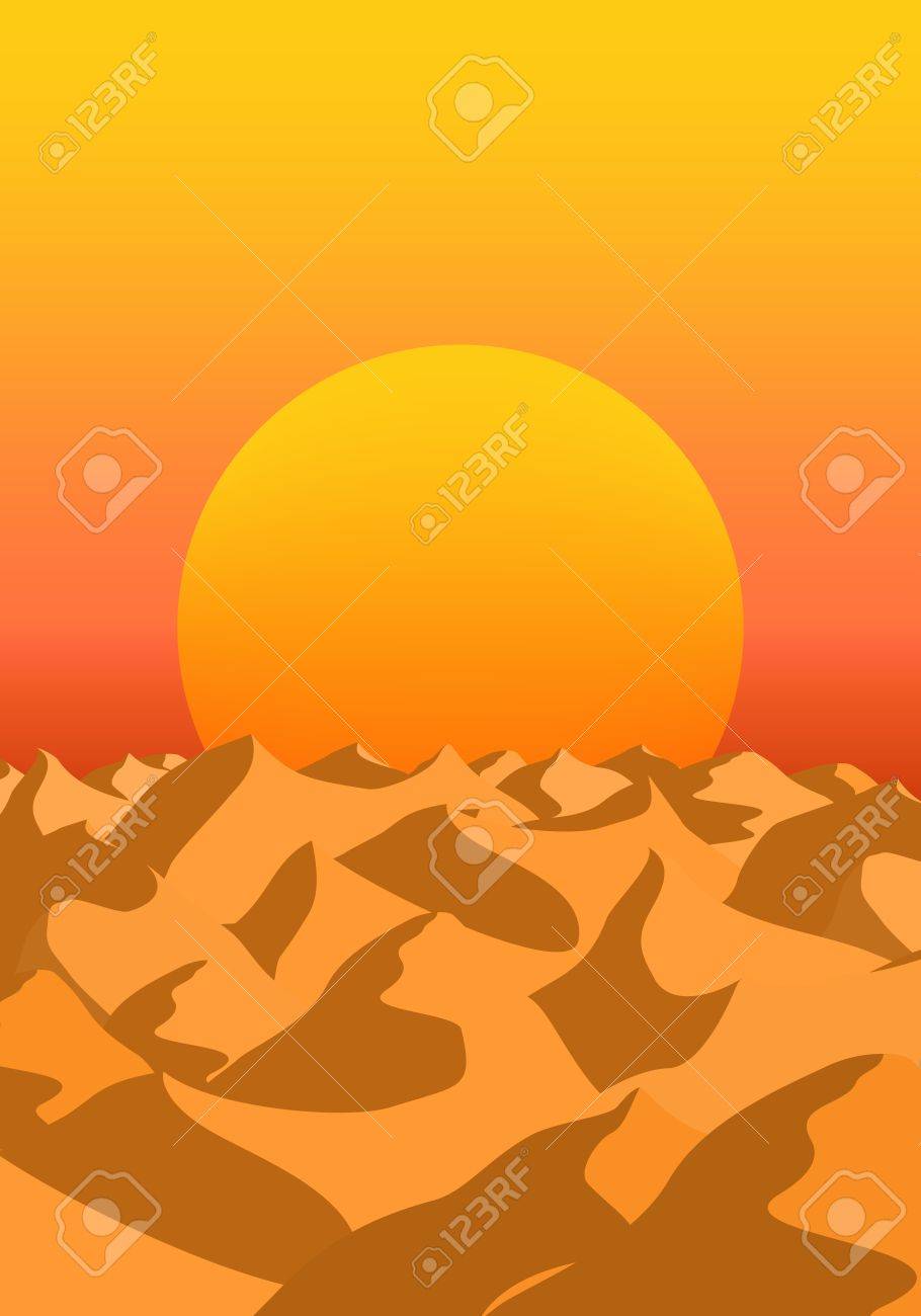 Sommer Morgenlandschaft Mit Ausgang Orange Sonne Uber Den Horizont Der Wuste Mit Sanddunen Mit Schatten Lizenzfrei Nutzbare Vektorgrafiken Clip Arts Illustrationen Image 74264331