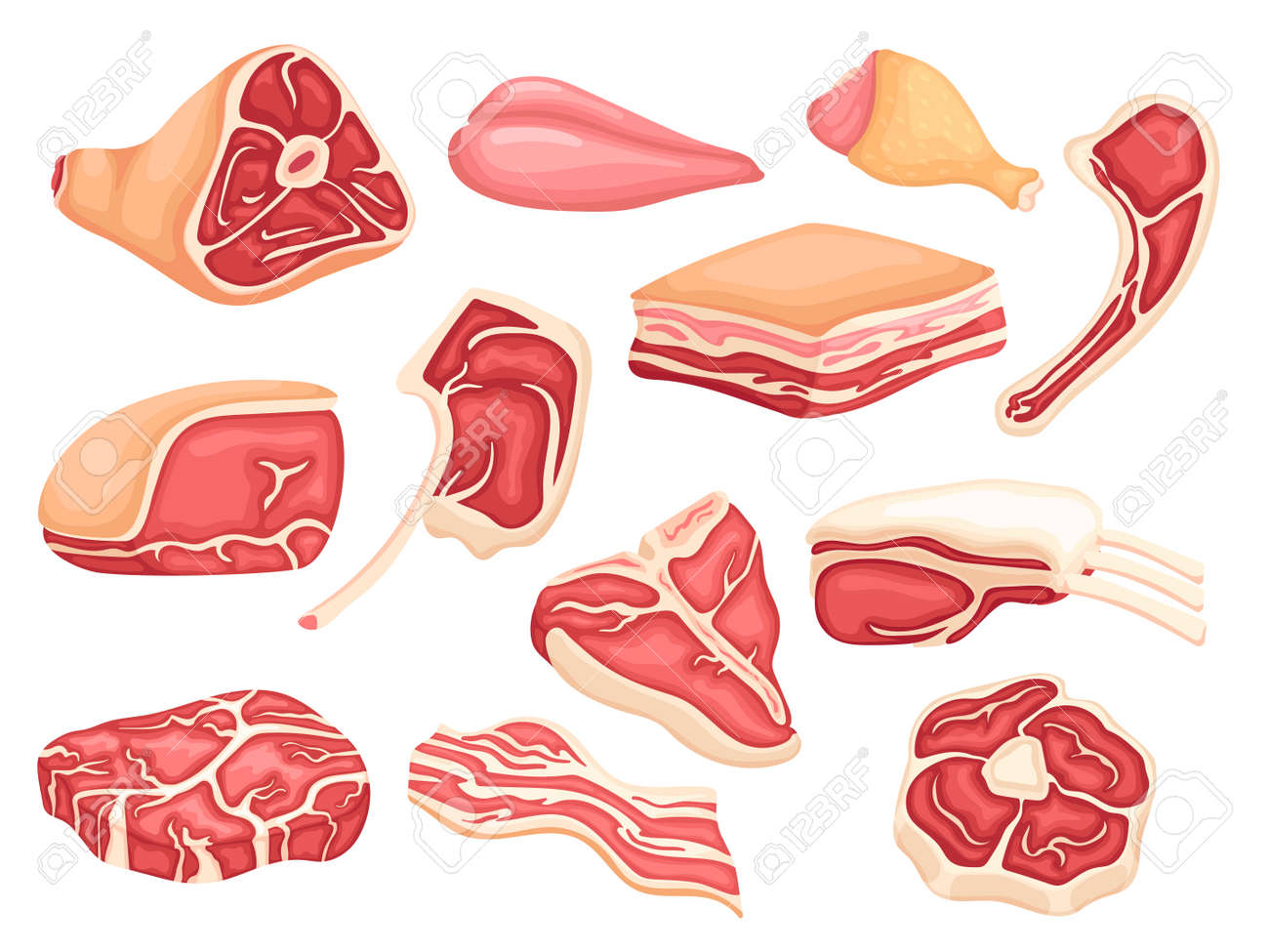 Meat Products. Raw Lamb Sliced, Pork Belly Stake. Ham And Chicken Parts.  Cutting Meats And Birds. Gourmet Food Elements, Fresh Market Neat Vector  Set Royalty Free SVG, Cliparts, Vectors, and Stock Illustration., image size:1300x975
