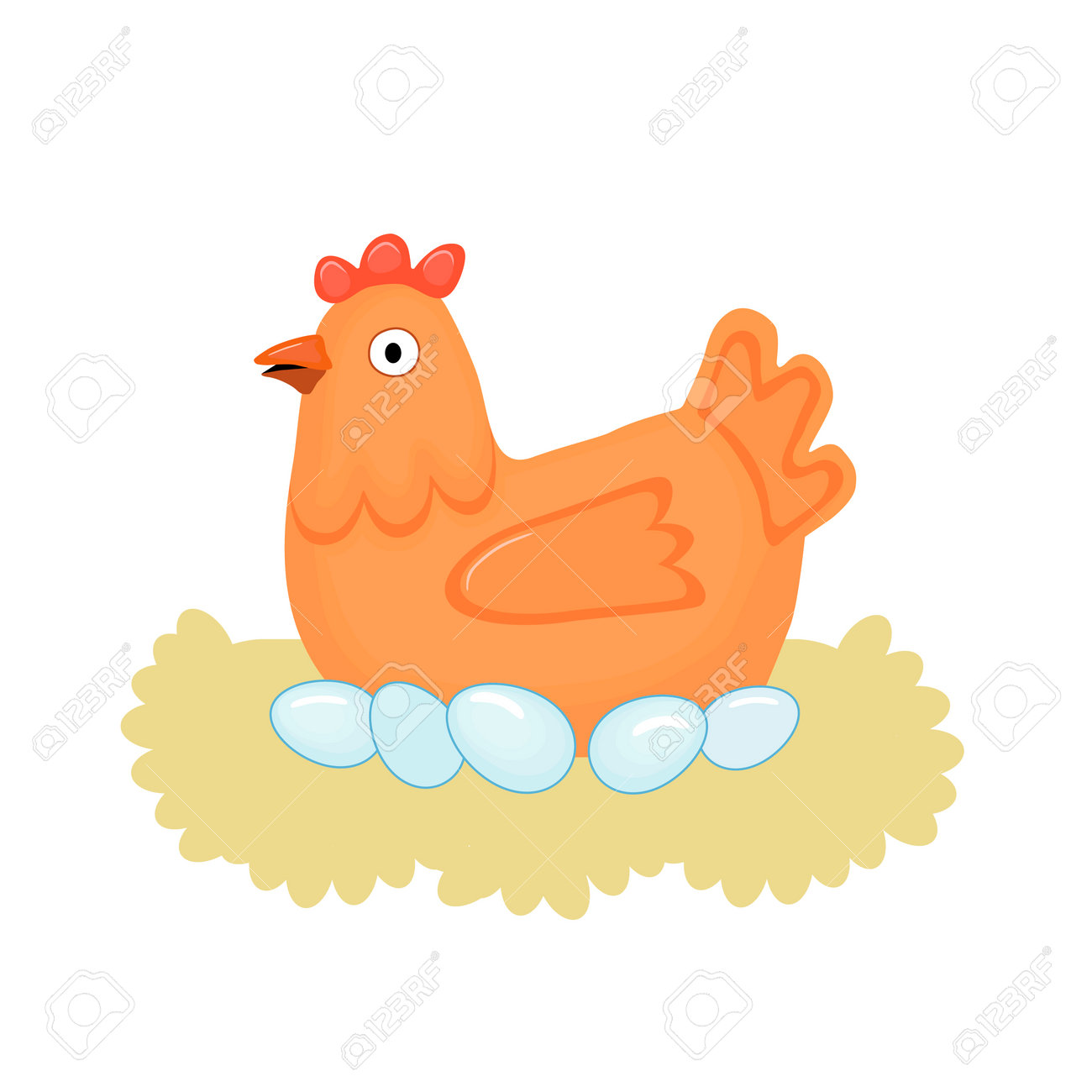Cute Happy Hen Sitting On Her Eggs In Straw Nest. Cartoon Vector  Illustration Isolated On White Background. Can Be Used For Farming,  Aviculture Business. Клипарты, SVG, векторы, и Набор Иллюстраций Без Оплаты