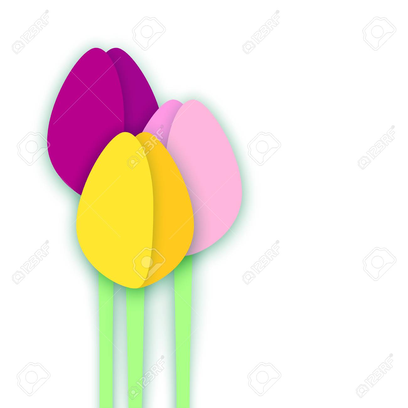 three paper cut tulips on white background collage with shadows