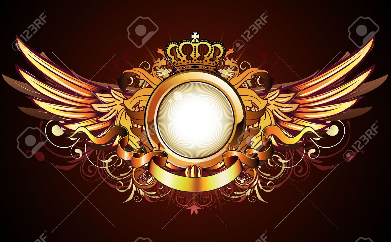 illustration of heraldic golden frame or badge with crown wings