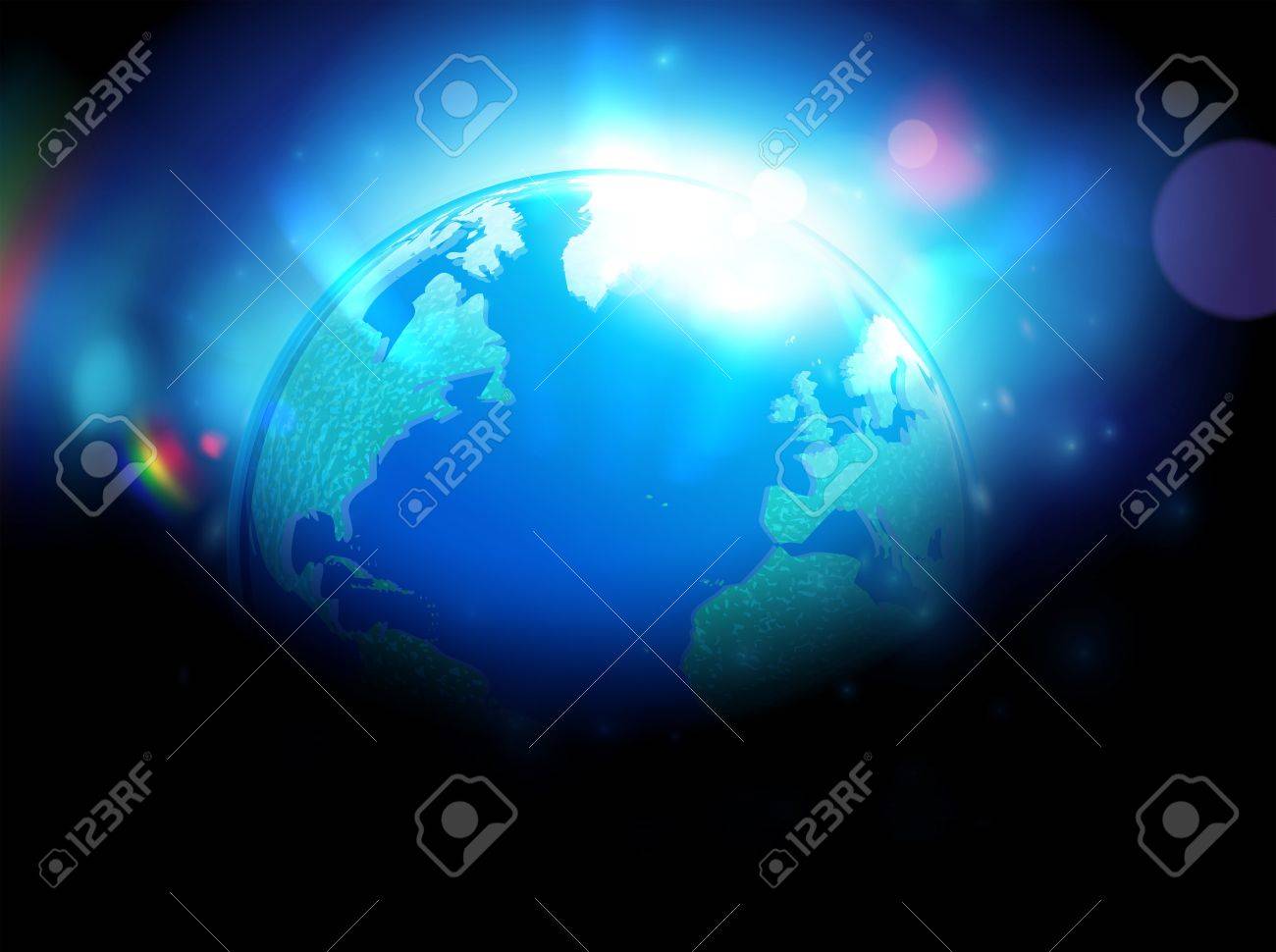 詳細な光沢のある地図地球ぼやけ魔法のネオンの光の背景の上のベクトル イラストのイラスト素材 ベクタ Image