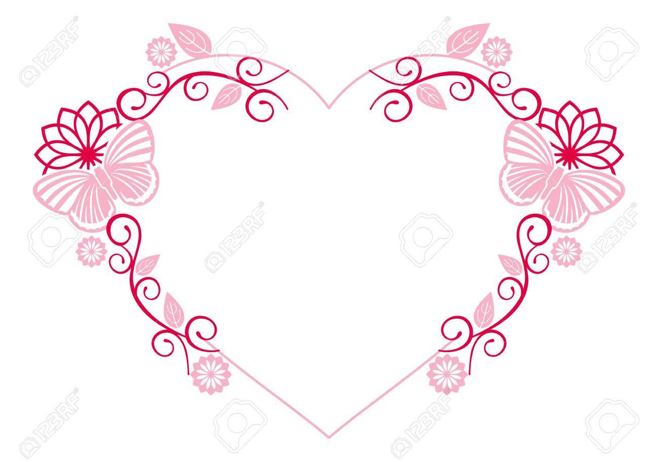 Heart-shaped Frame With Flowers And Butterflies 免版税剪贴画，向量插图和库存图片. Image  51066108, image size:1300x912